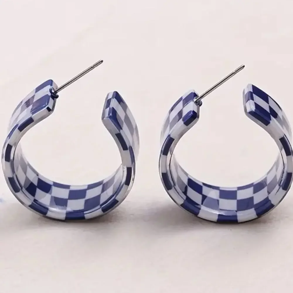 Acrylic Checkered Blue and White Earrings